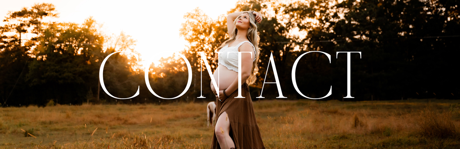 Artistic sunset silhouette with text overlay reading 'Contact' in elegant typography. maternity photo session