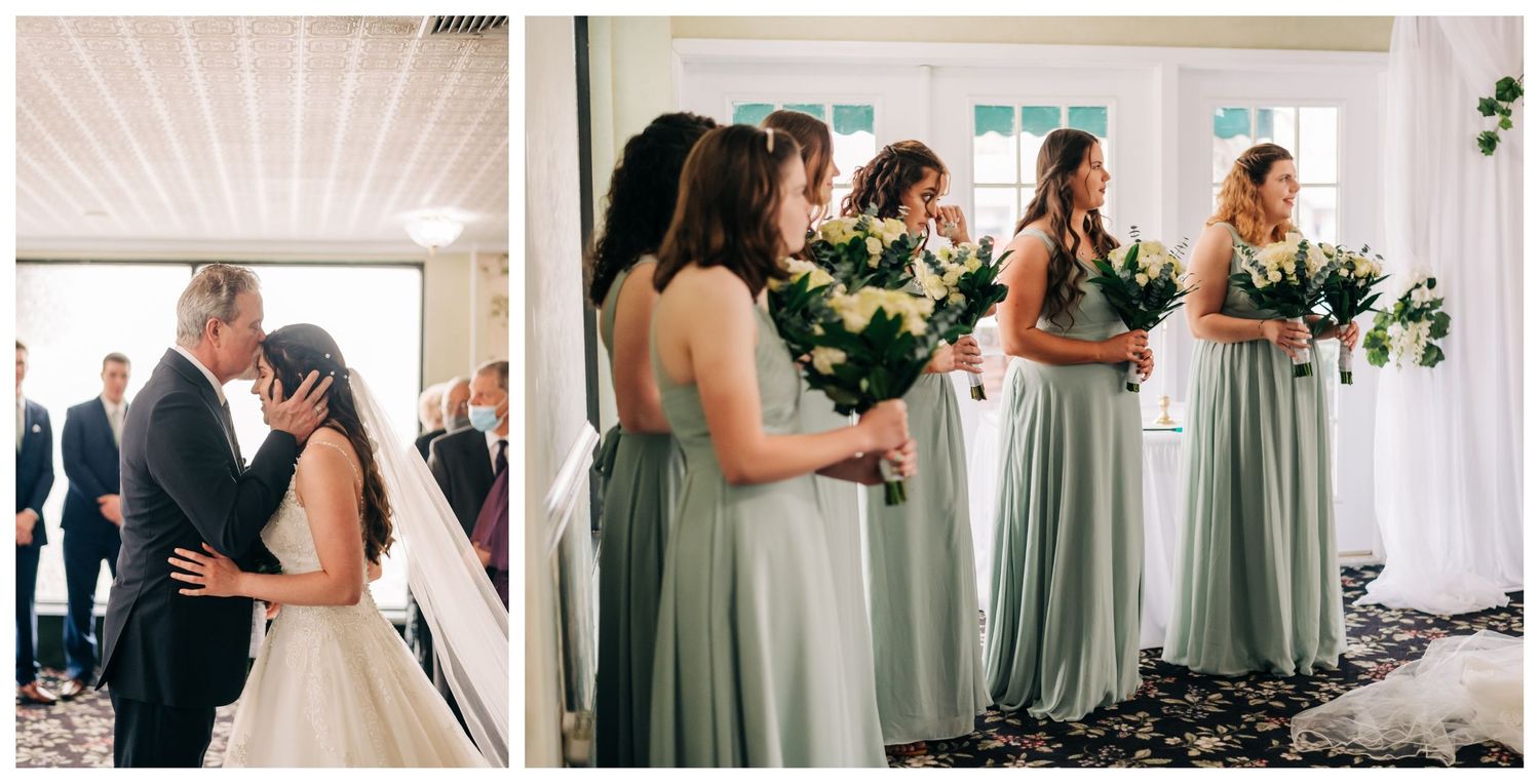 bride's father kisses bride on the forehead, one of the bridesmaids is crying