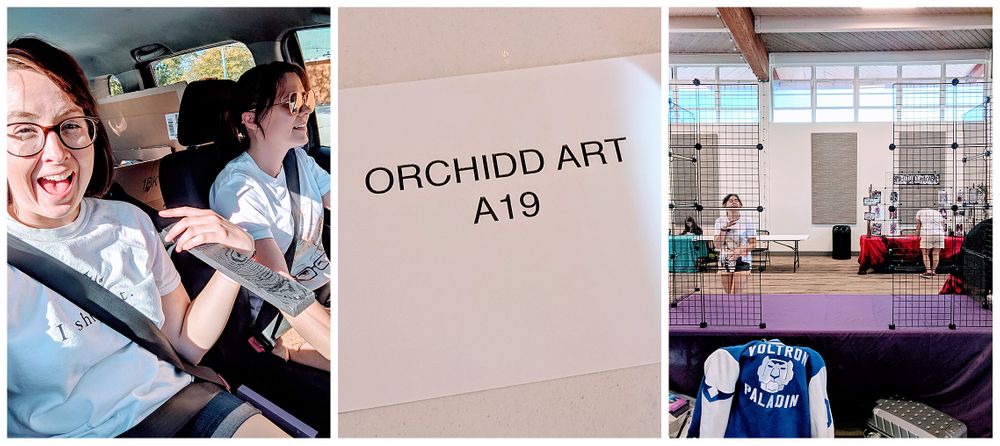 Sign reading '0rchidd art A19' laying on a artist's booth table in an empty room
