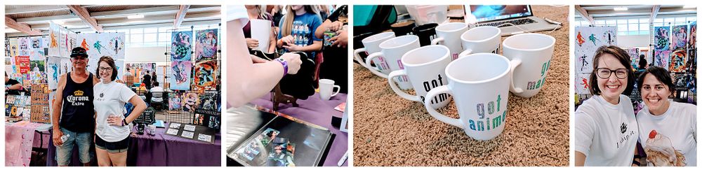 Holographic vinyl stickers reading 'Got Manga?' on white mugs