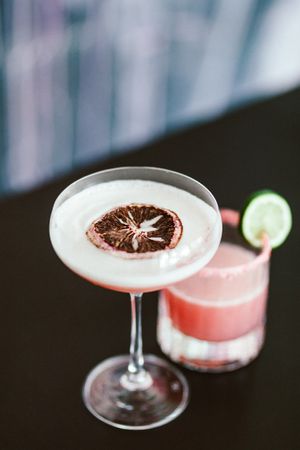 Elegant cocktails with blood orange garnishes in martini and coupe glasses.