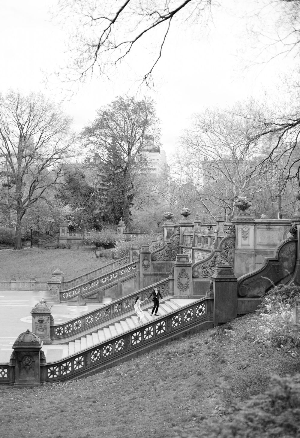 A black and white photograph of ornate stone steps in a historic garden setting.