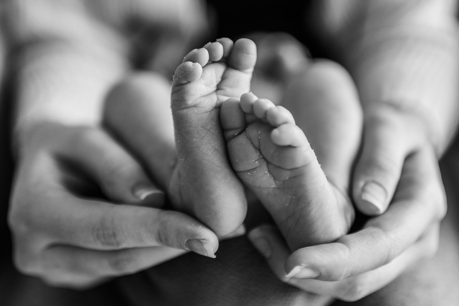 Black and white close-up photo of a tiny baby's feet and hands.