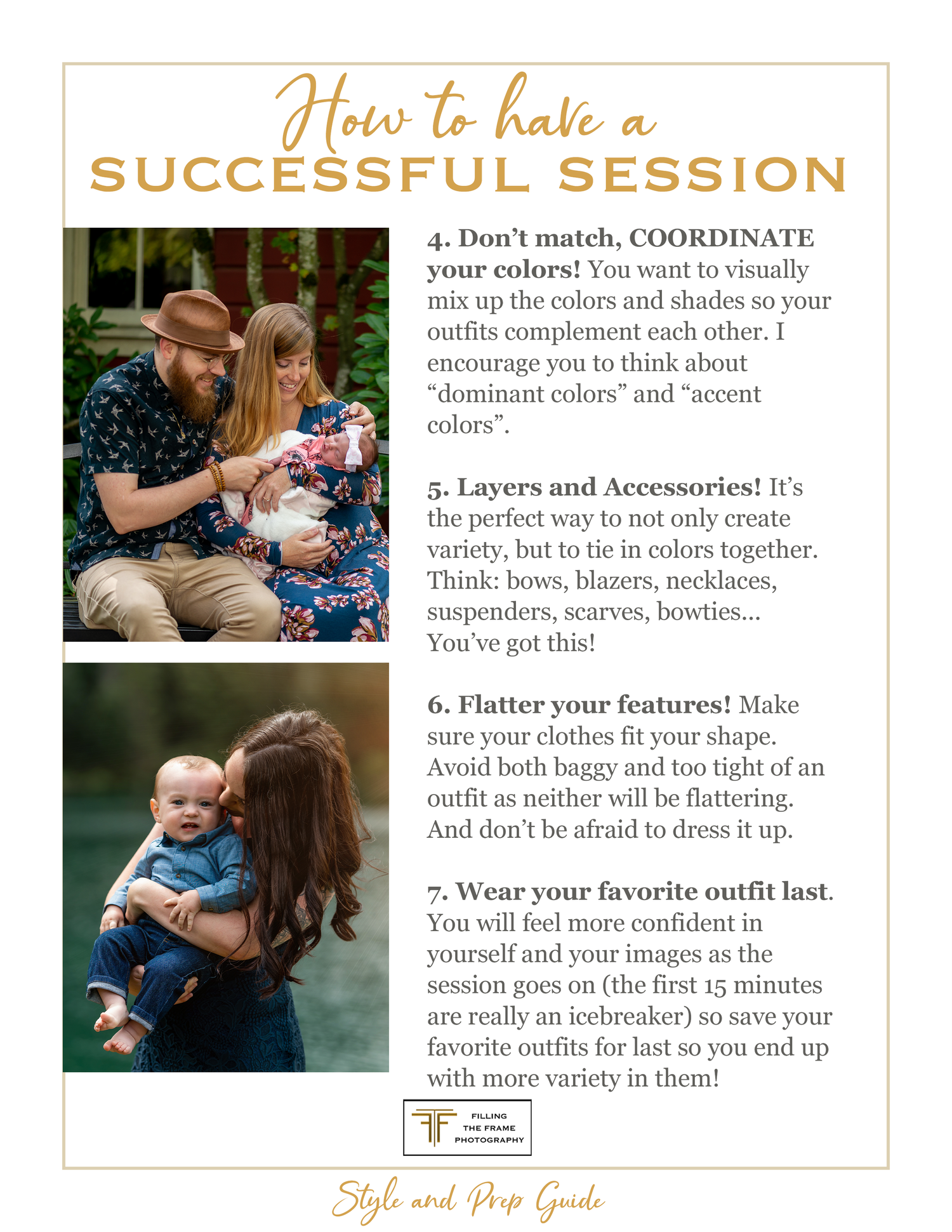 Style guide page showing wardrobe coordination tips and photo examples.