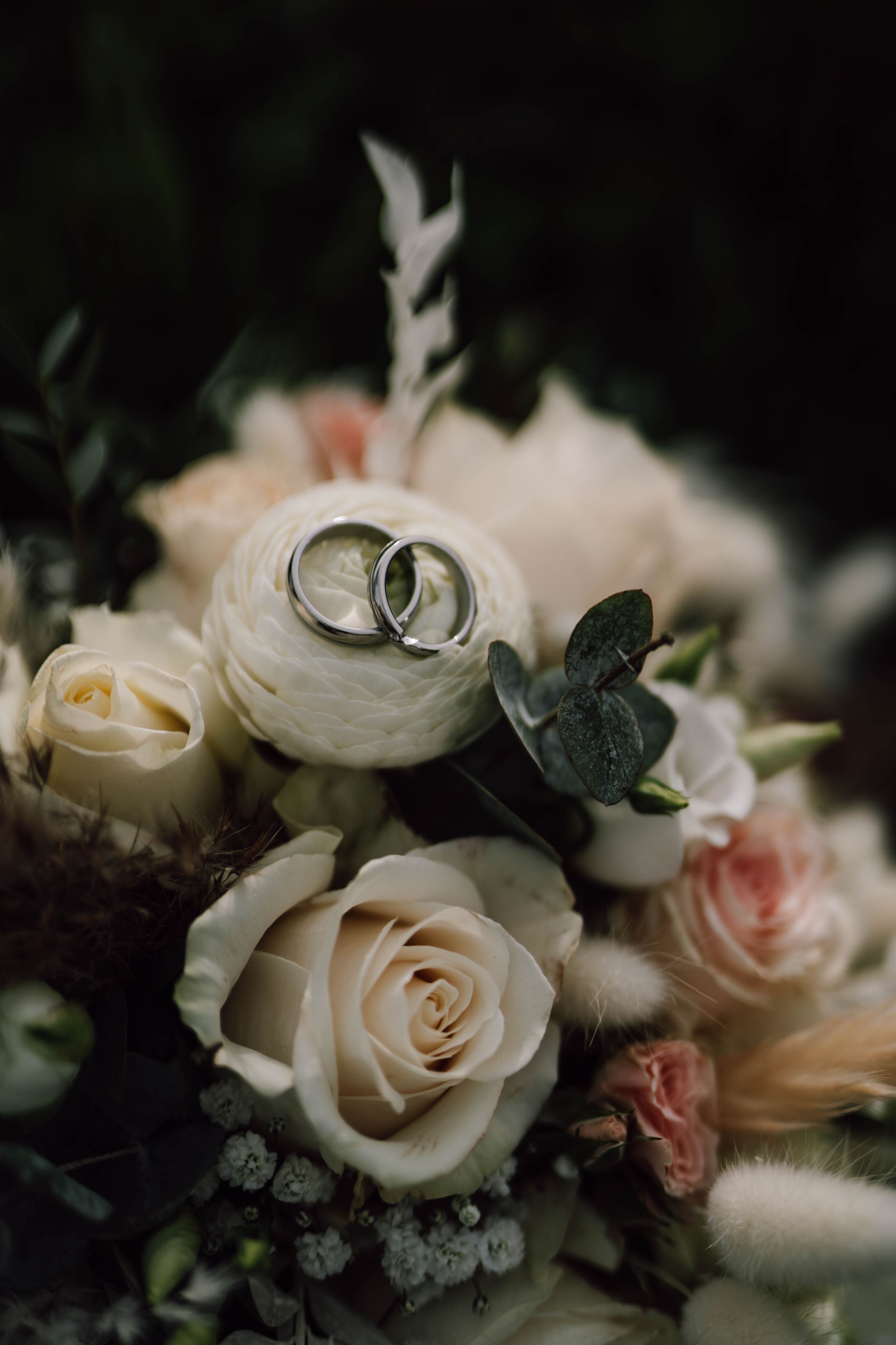 Wedding rings nestled on white and pink roses with eucalyptus in a romantic bridal bouquet.