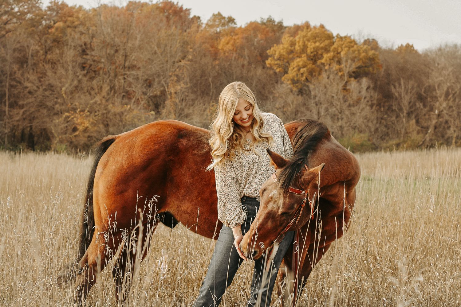 A beautiful chestnut horse and rider share a quiet moment in a golden autumn field.