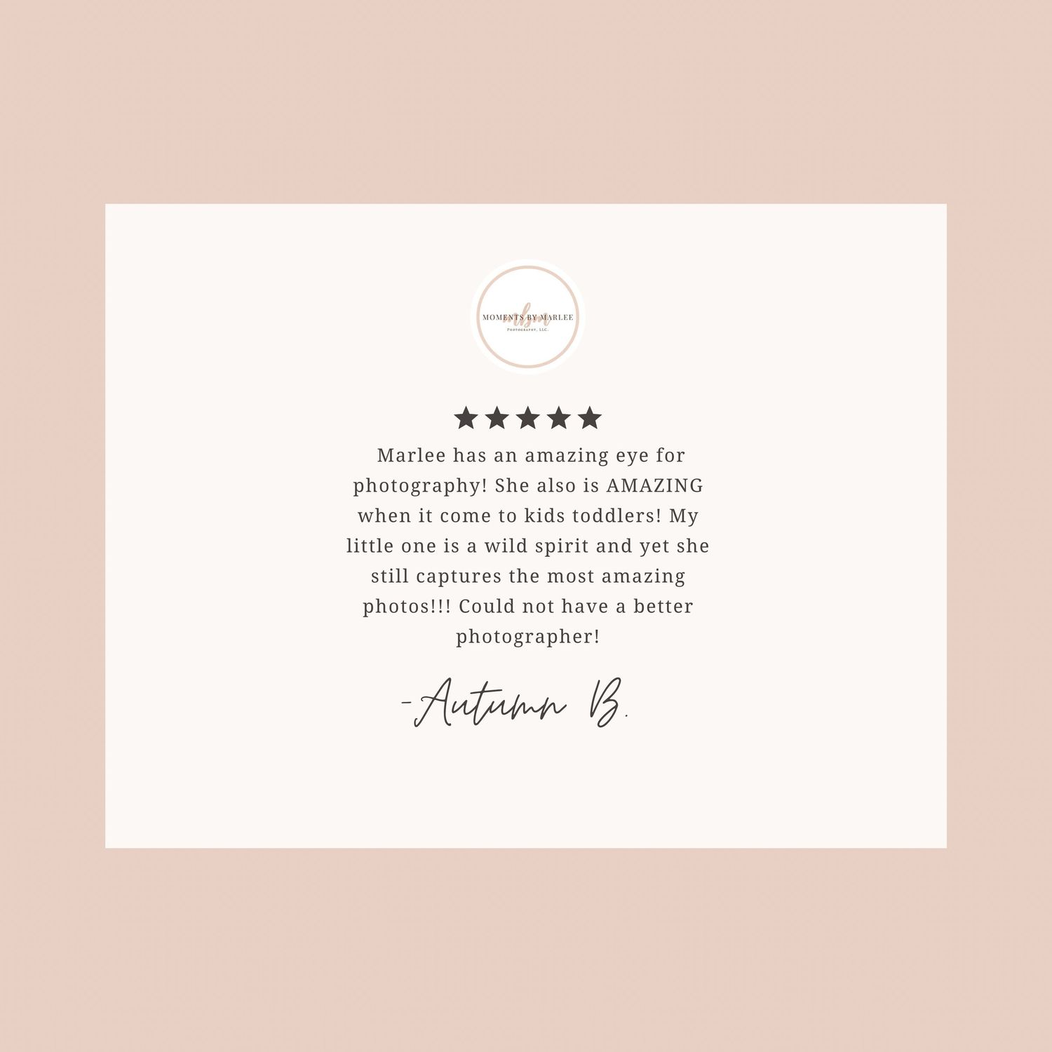 Five star review testimonial on a pink background with elegant text and minimal design elements.