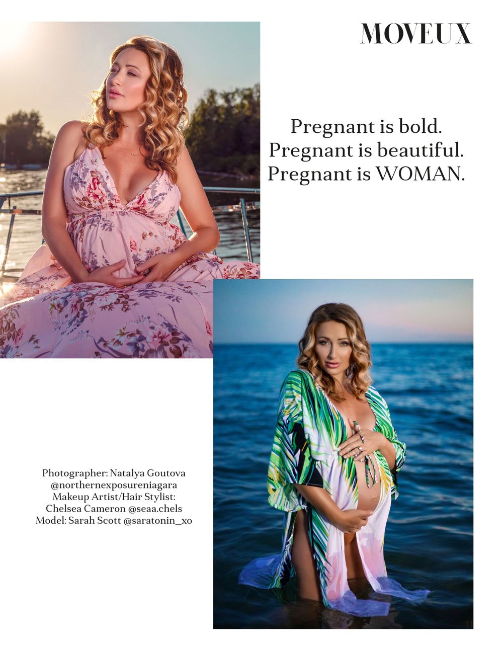 Maternity photoshoot on boat with woman in pink floral dress at sunset.