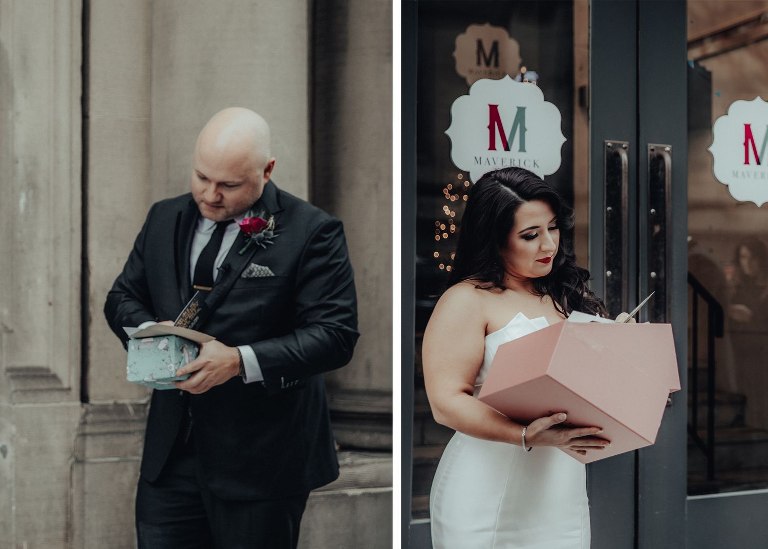 A couple reading letters while standing outside a building with decorative signage.