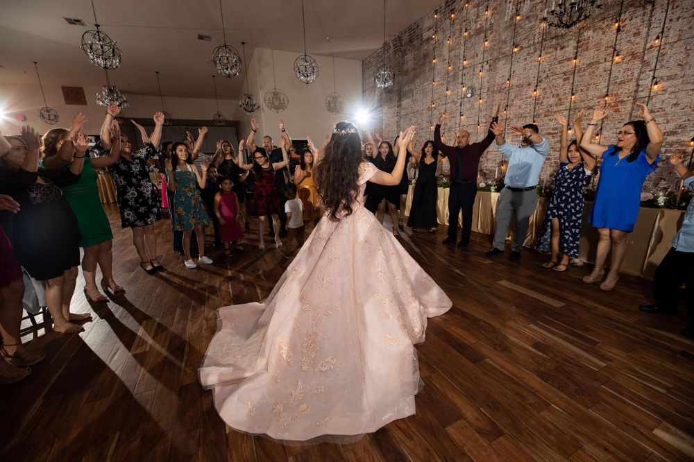 A stunning pink ballgown fills the dance floor as party guests cheer and raise their hands in celebration.