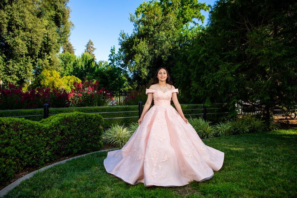 Elegant pink ballgown photographed in lush garden setting.