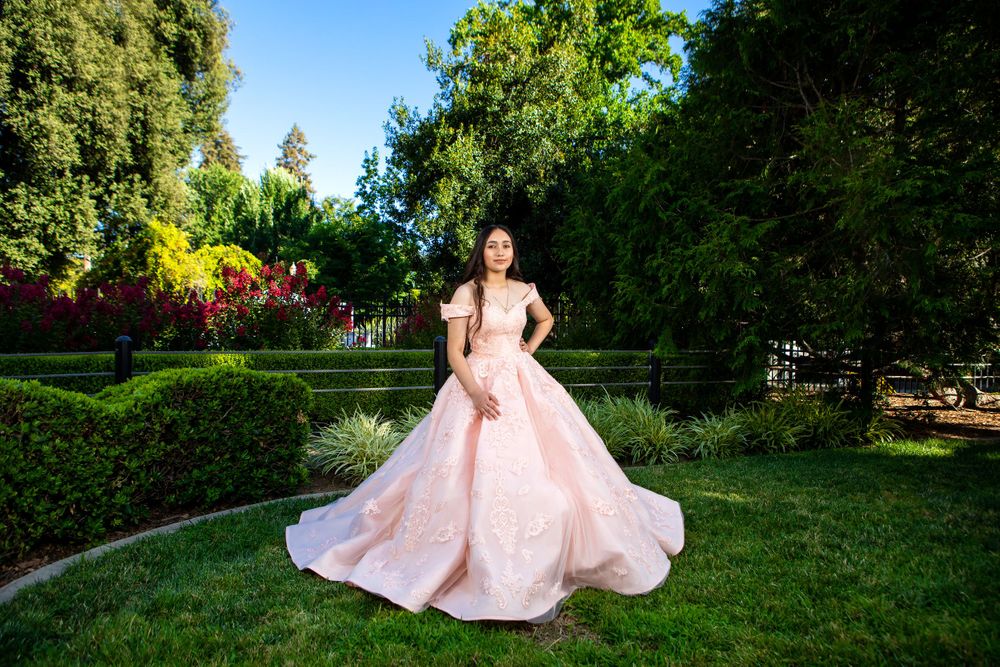 Pink princess ballgown dress showcased in manicured garden landscape.