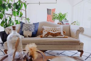 Cozy living room with patterned sofa, American flag, and potted plants creating a warm atmosphere.
