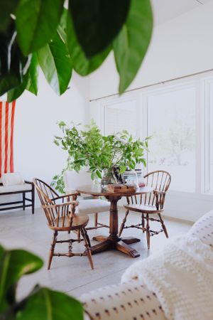 Rustic dining area with wooden Windsor chairs and round table beneath lush green plants.