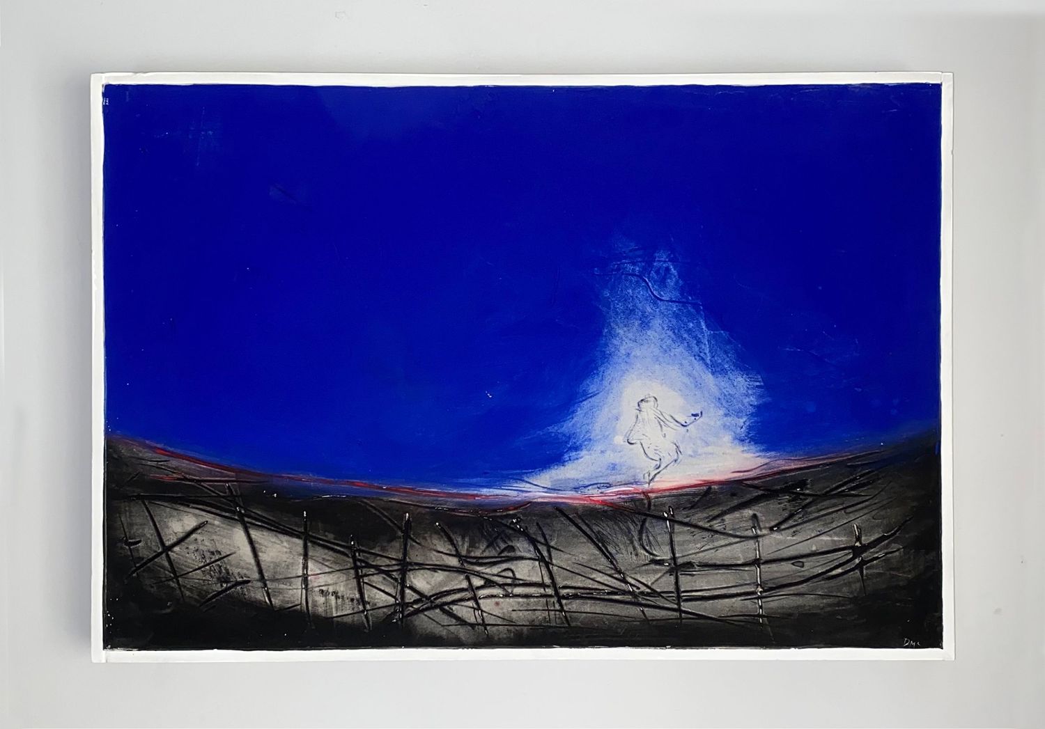 'Heated mixed media painting on canvas. Volcanic landscape on a stark, blue background with steam.