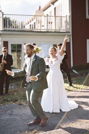 A playful sequence shows a couple dancing together at an outdoor wedding venue during golden hour.