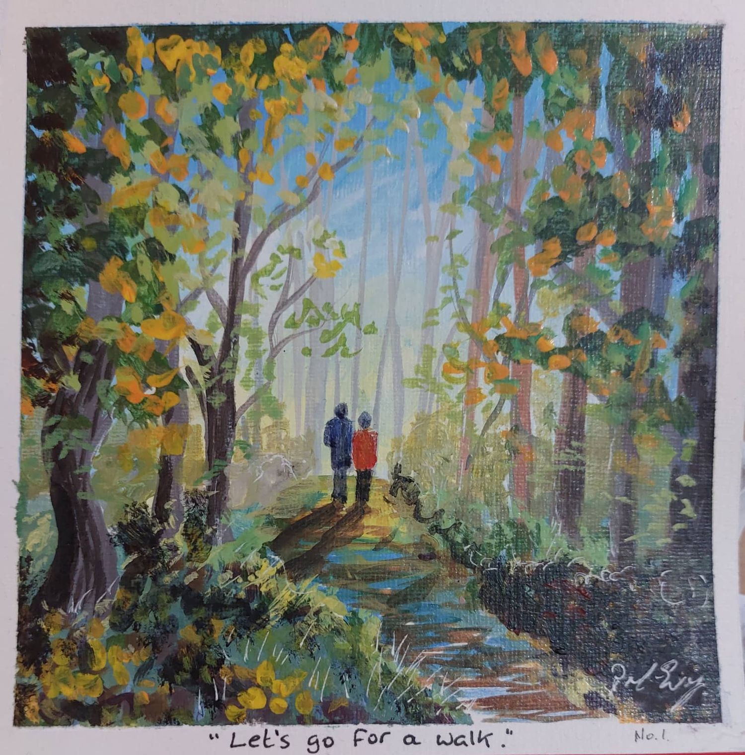 Scenic painting of two people walking on a forest path with golden autumn foliage.