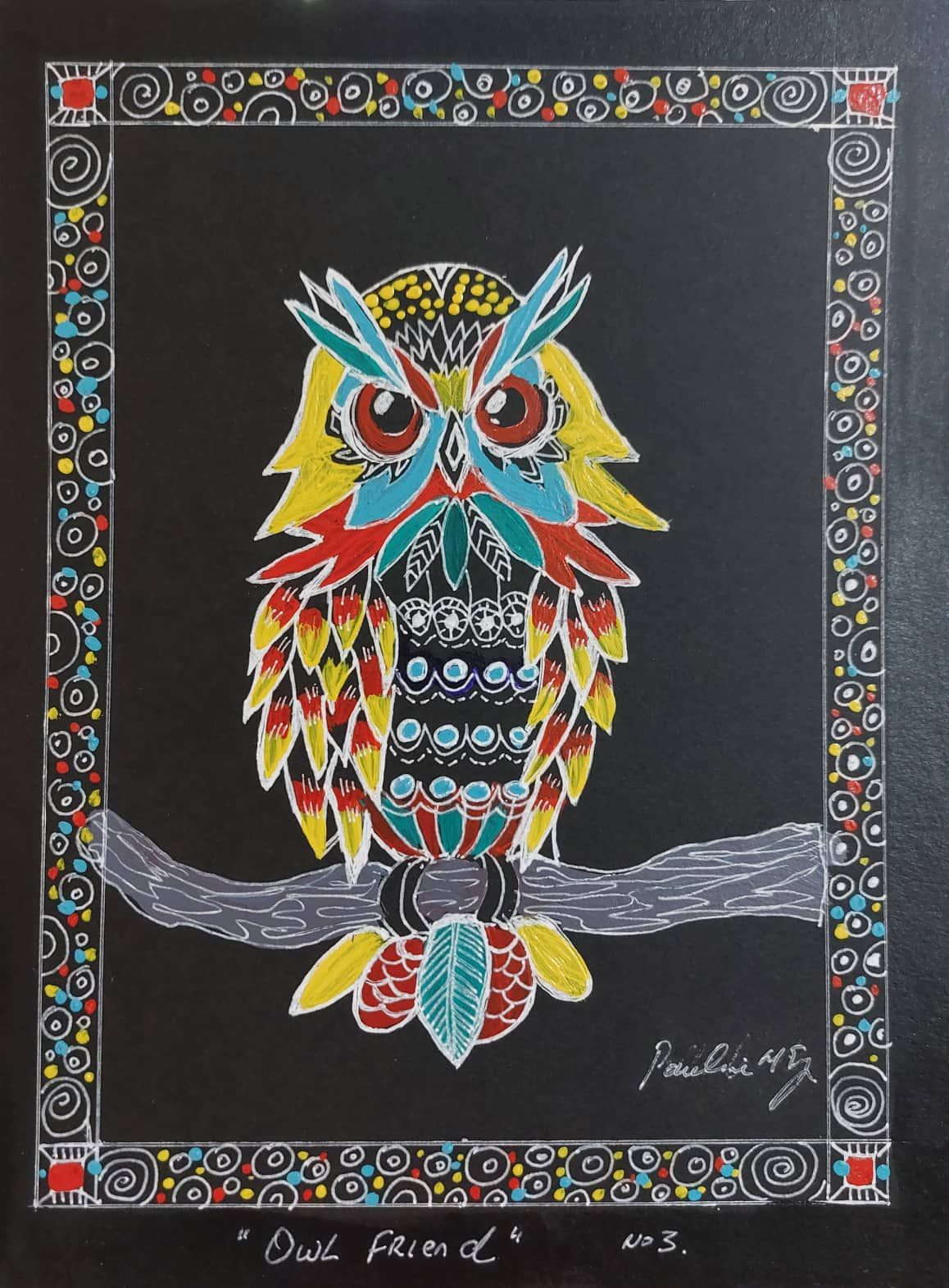 Colorful decorative owl artwork with intricate patterns on black background framed by ornate border.