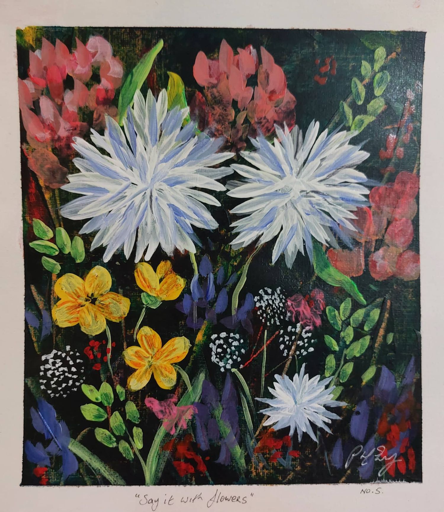 Vibrant floral painting featuring white chrysanthemums and yellow blooms against dark background.