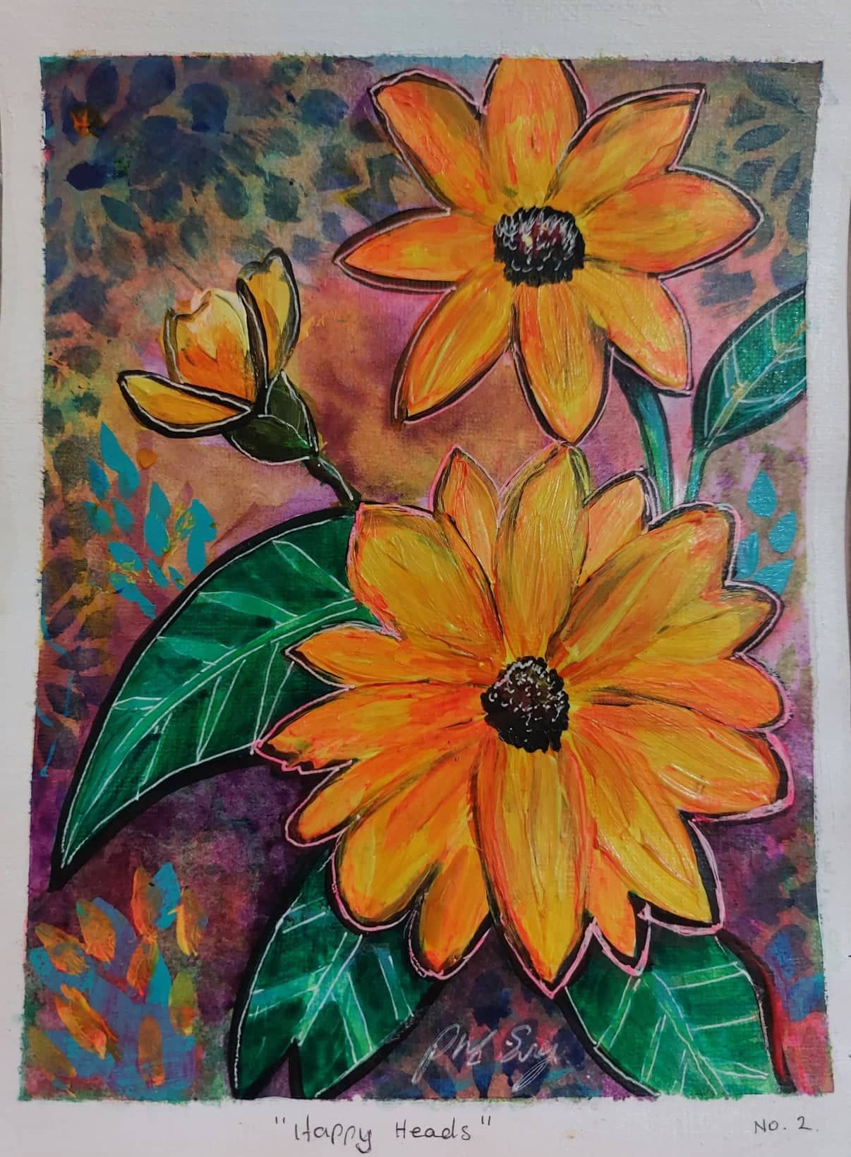 Watercolor painting of bright orange sunflowers with green leaves against purple background.