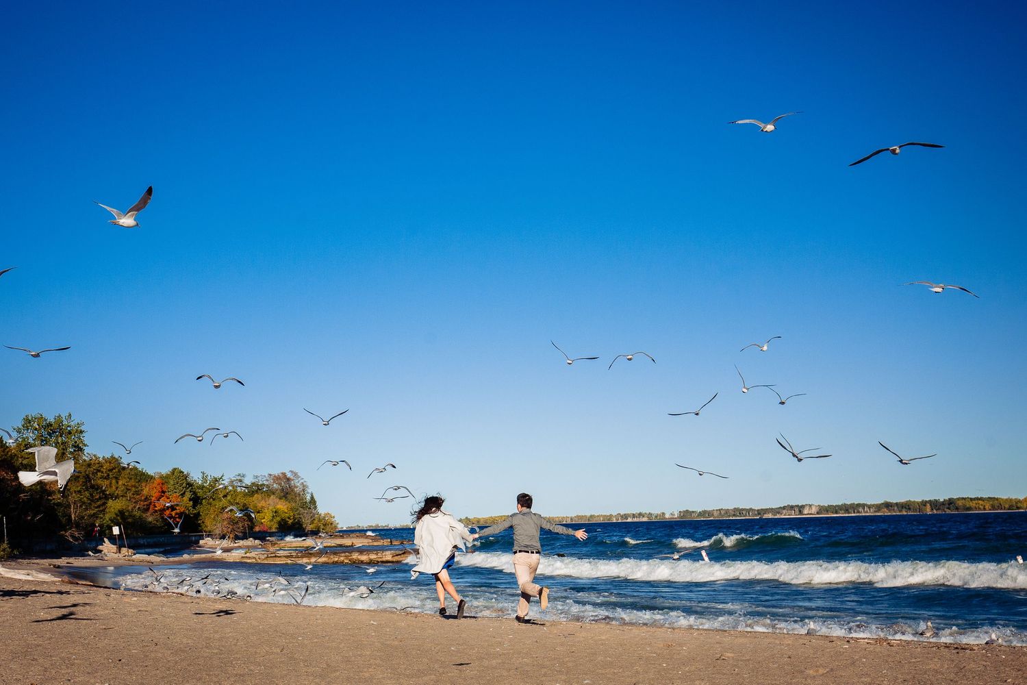 Couple walking on beach with seagulls flying overhead against bright blue sky.