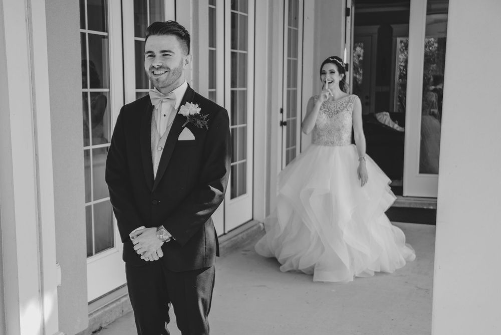 bride and groom first look. black and white. wedding day. Progreso Texas. wedding photographer