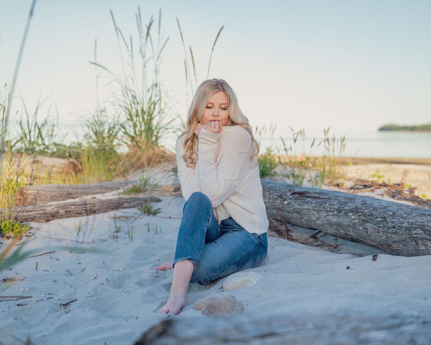 Photoshoot with beautiful blond in sweater at Comox Beach.
