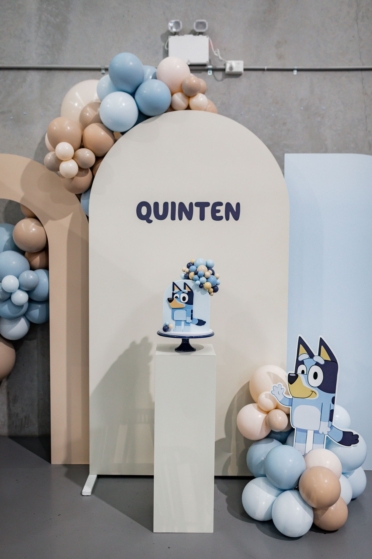 Blue and beige balloon arch with 'Quinten' sign and cartoon character decorations.