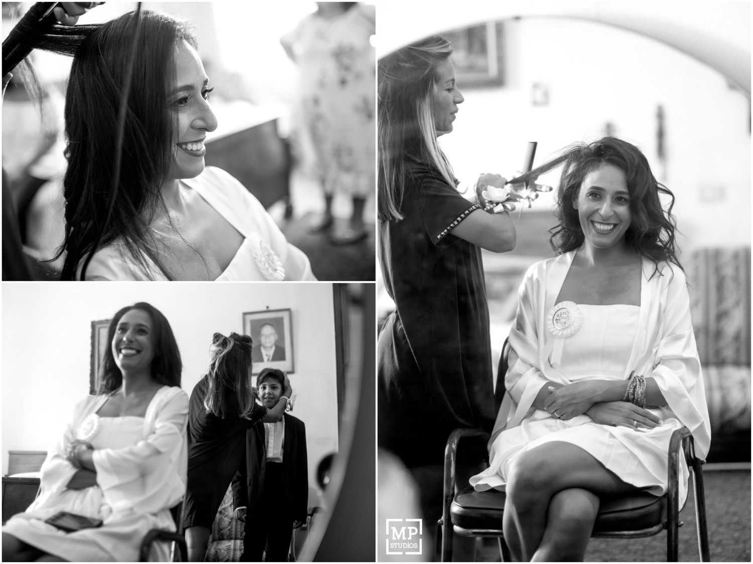 Black and white collage of wedding preparation moments.