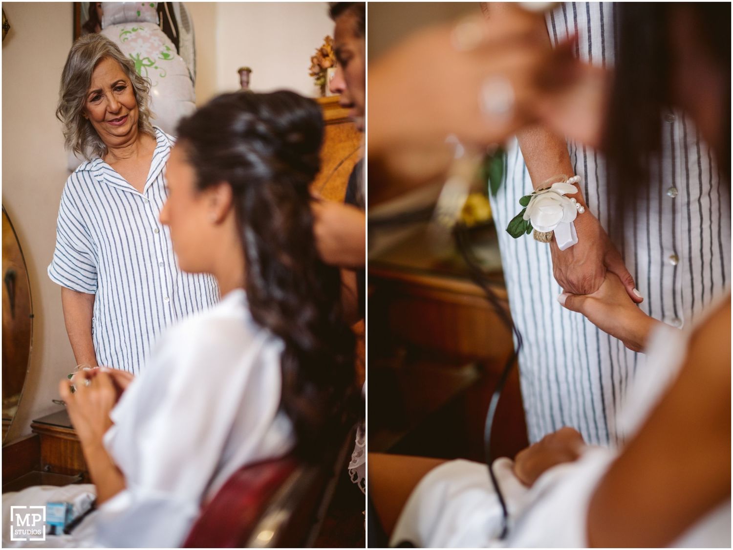 Getting ready scene with people in striped and white shirts during wedding preparations.