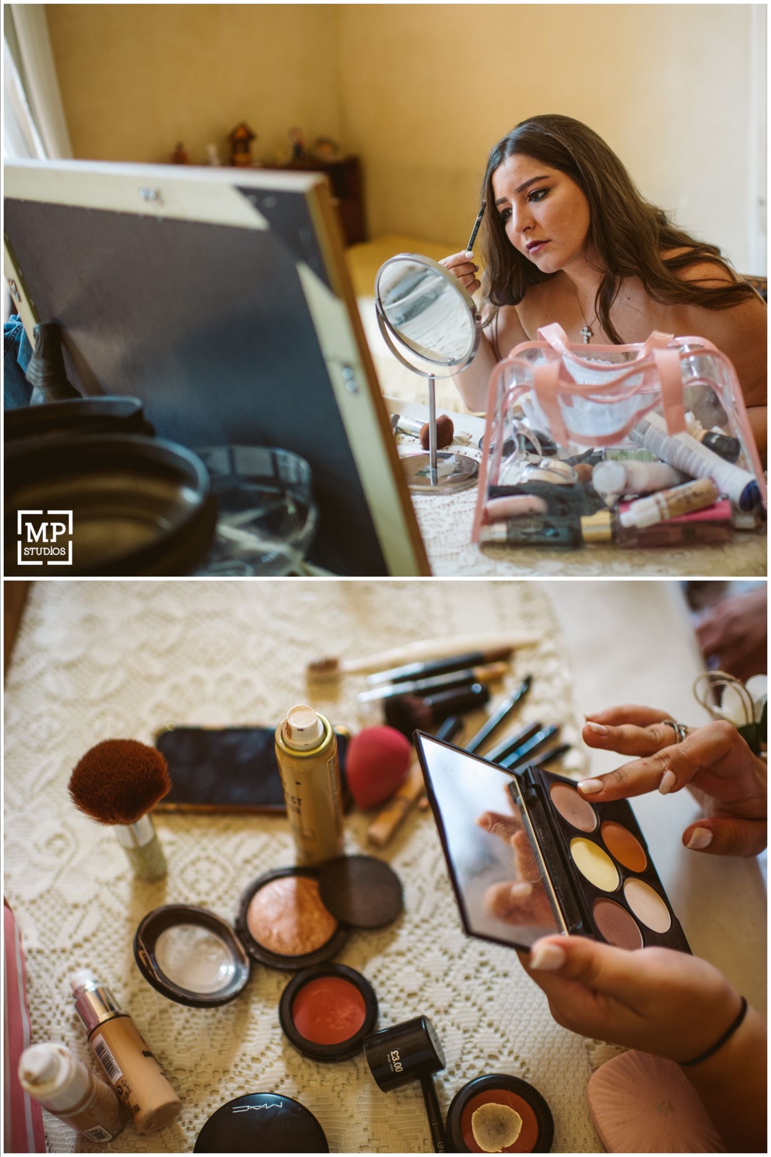 Wedding makeup supplies and cosmetics arranged on lace tablecloth during bridal preparations.