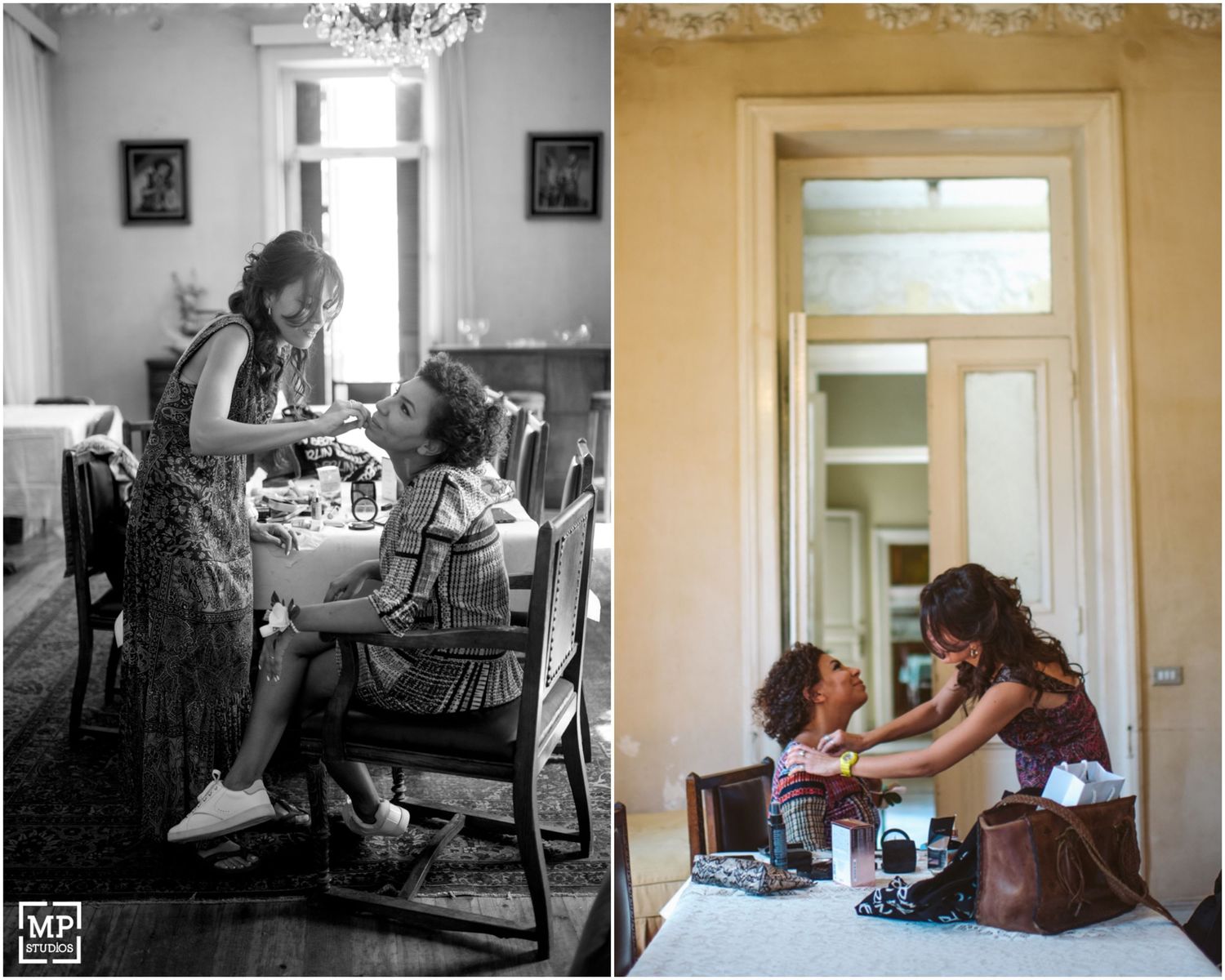 Two wedding preparation scenes show special moments before the ceremony in a vintage-style comparison.