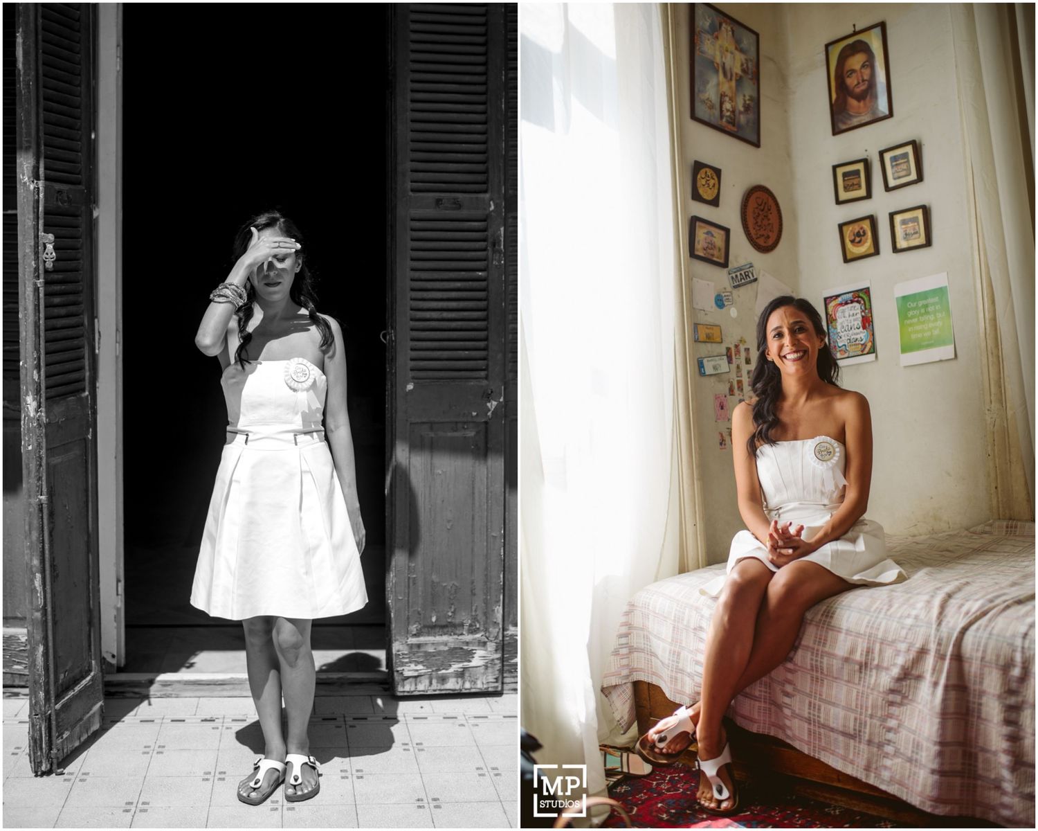 Side-by-side photos contrast bridal portraits in a classic and modern setting.