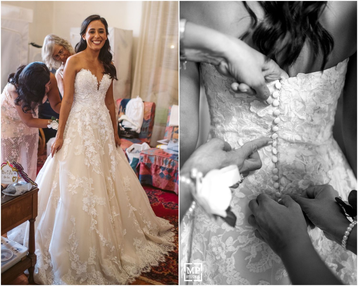 A beautiful lace wedding gown being fitted with intricate details and adjustments.