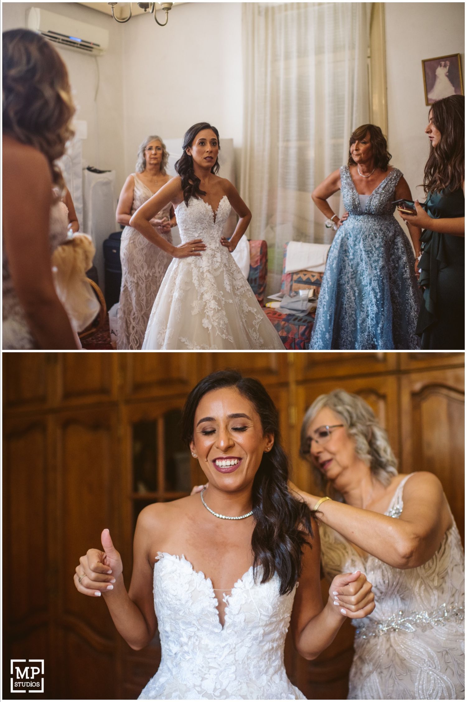 Wedding preparation moments captured in elegant formal dresses and bridal attire.