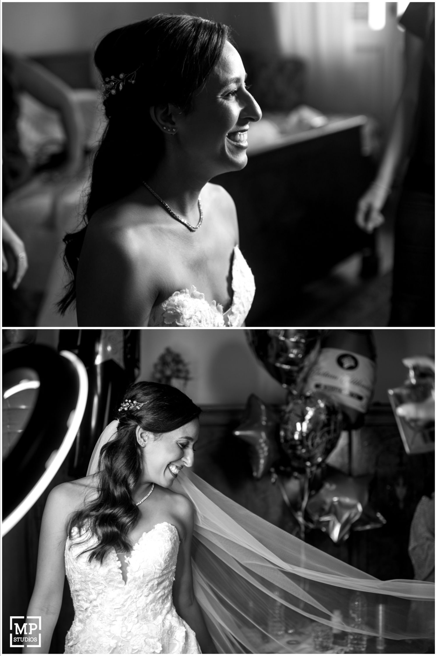 Black and white portraits capture candid moments in wedding attire with flowing veil.