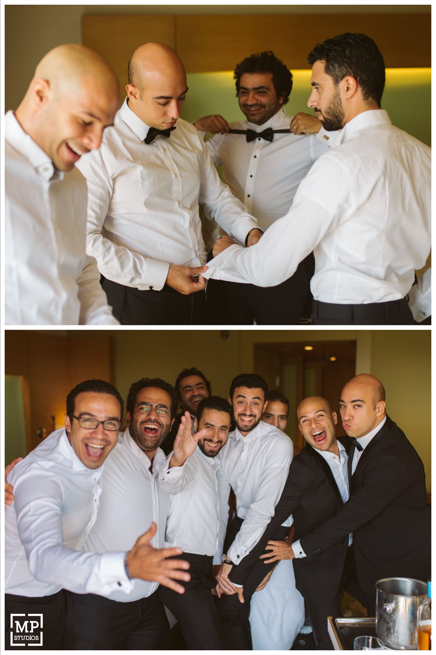 Groomsmen sharing candid moments while getting dressed for wedding.