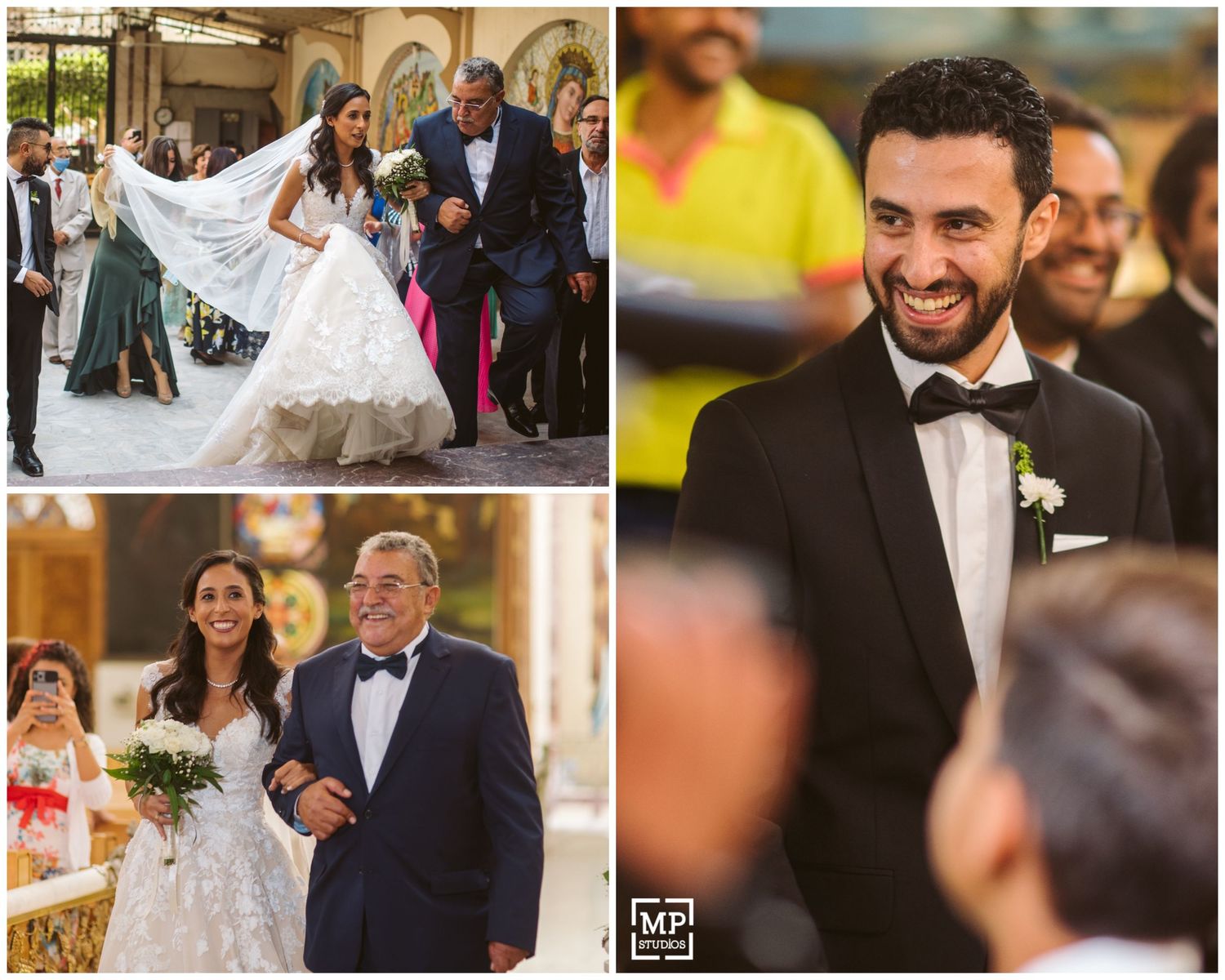 Collection of candid wedding moments with couple and family.