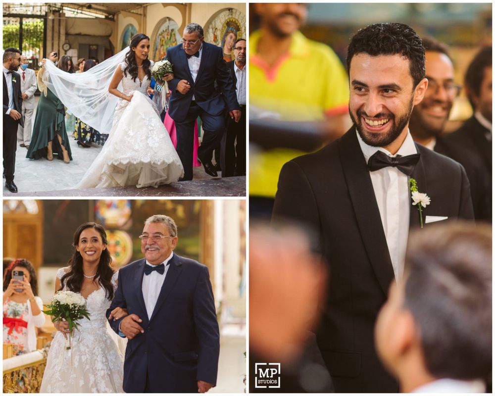 Collection of candid wedding moments with couple and family.