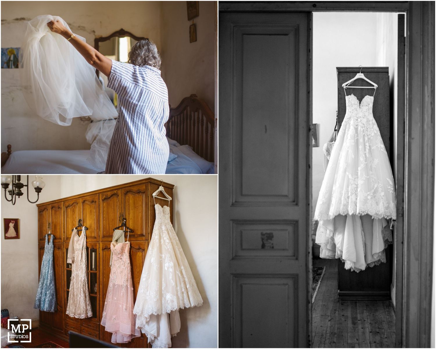 White wedding dress and bridesmaids dresses hanging on display before the ceremony.