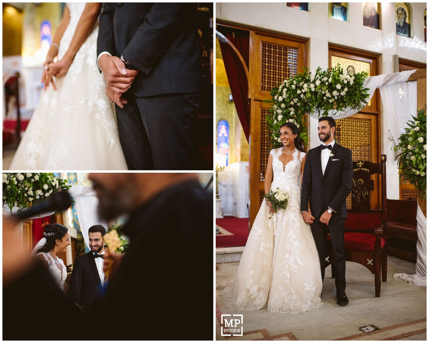 Wedding ceremony moments captured in church with floral arch.
