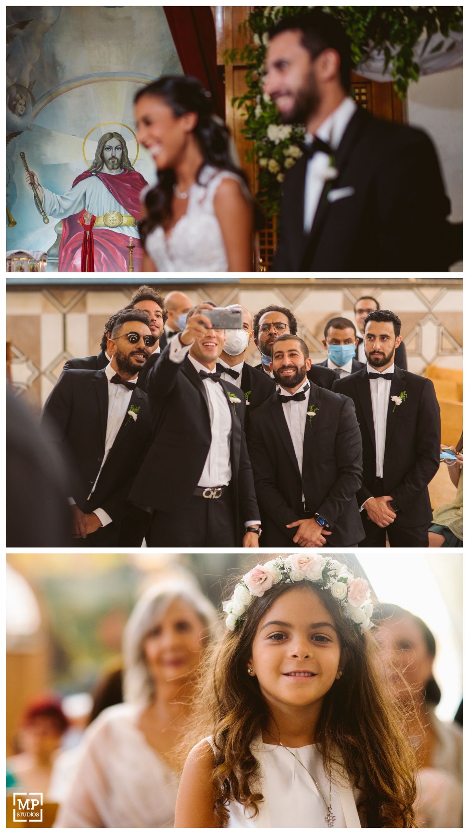 A wedding photo collage showing a church ceremony, groomsmen in tuxedos, and a flower girl with a floral crown.