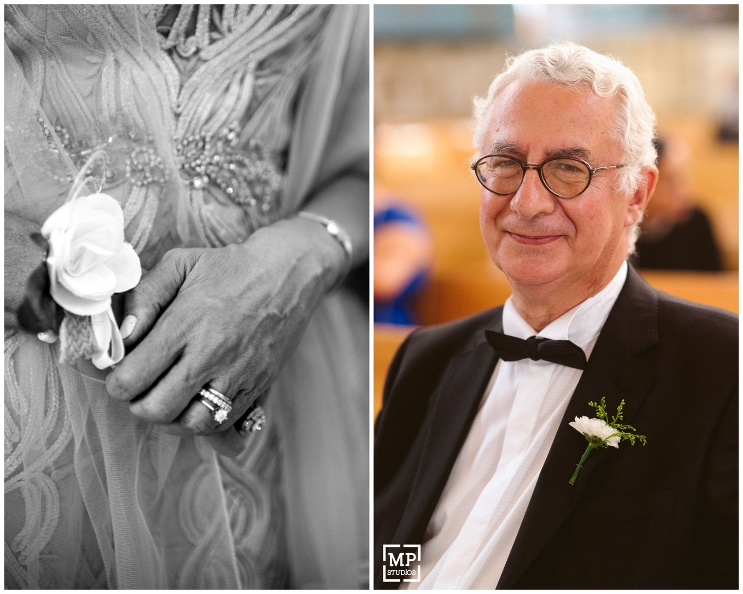 A black and white detail of a boutonniere next to a formal portrait at a wedding.