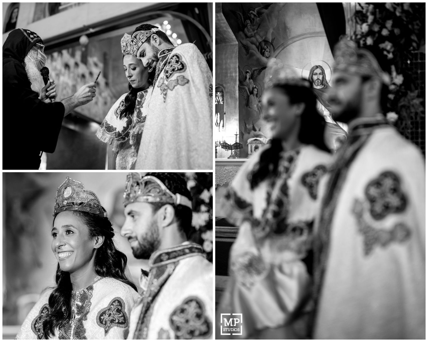 Traditional Orthodox Christian wedding ceremony with ornate crowns and religious customs.