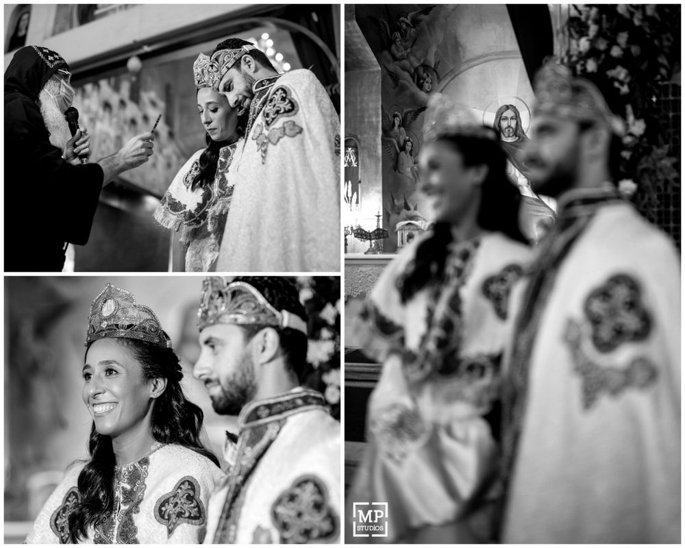 Traditional Orthodox Christian wedding ceremony with ornate crowns and religious customs.