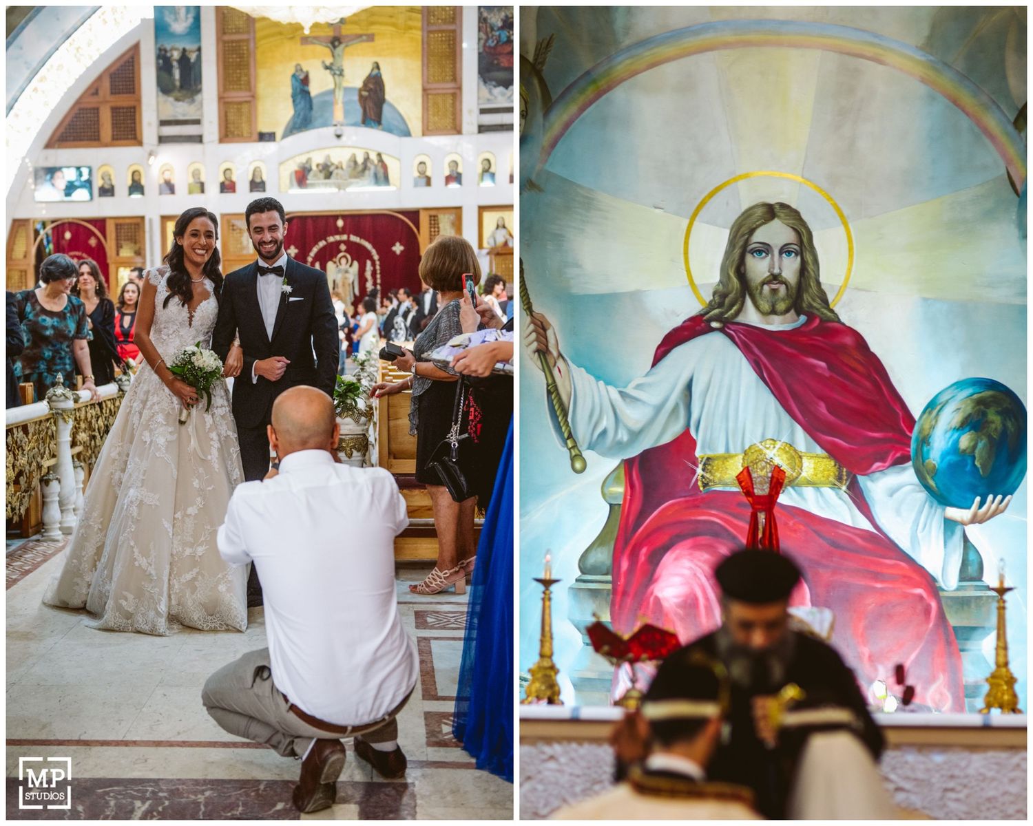 Wedding ceremony in a church with a vibrant mural of Jesus Christ in the background.