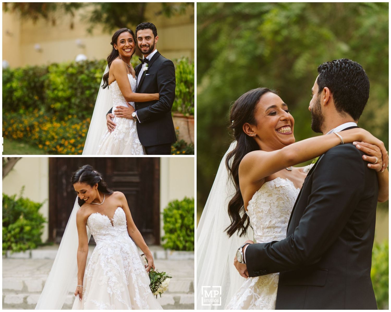 Elegant outdoor wedding photo collage showing joyful moments between newlyweds in garden setting.