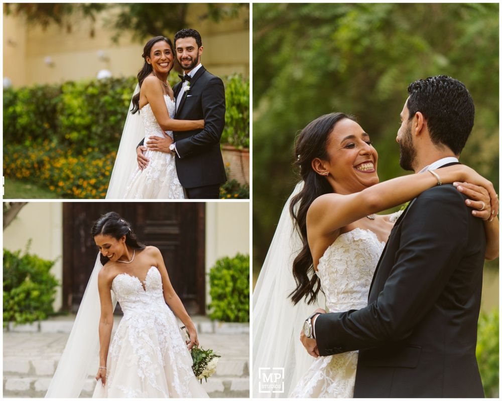 Elegant outdoor wedding photo collage showing joyful moments between newlyweds in garden setting.