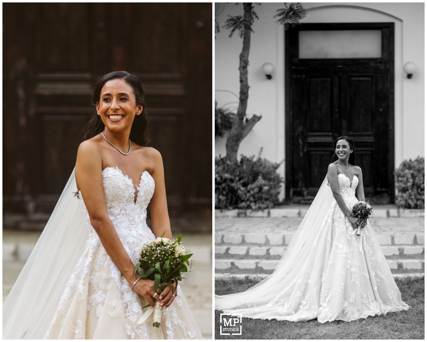 A stunning strapless lace wedding gown with a full skirt and sweetheart neckline shown in color and black and white.