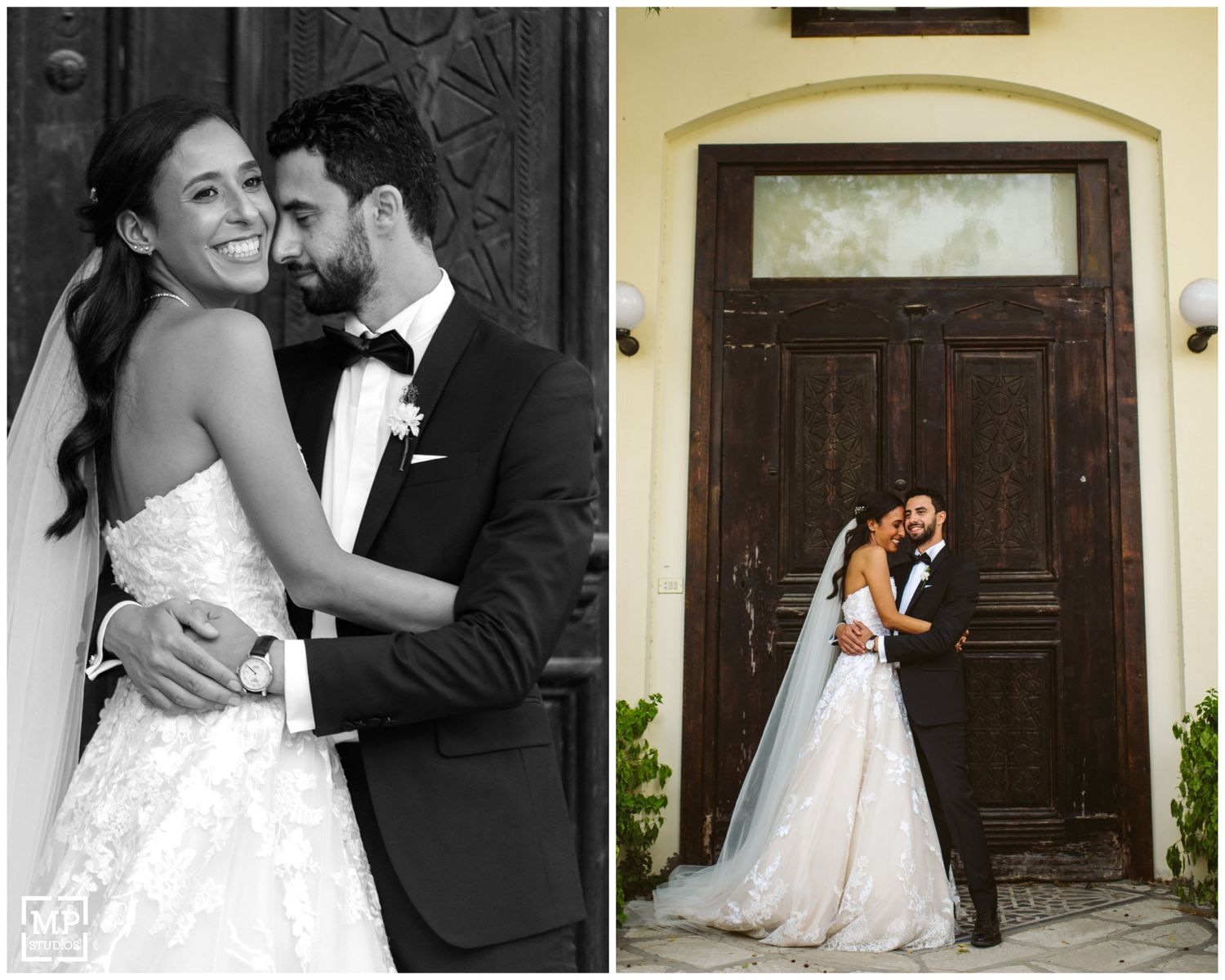 Elegant wedding photos showing intimate moments against a rustic wooden door backdrop.